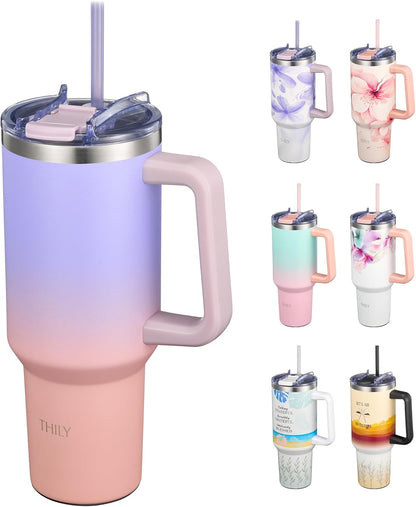 40 oz Stainless Steel Tumbler with Handle - Vacuum Insulated Travel Cup, Splash-Proof & Leakproof Lid, 2 Straws & Brush | Keeps Cold 34H/Hot 12H, Cupholder Friendly, Coastal Breeze