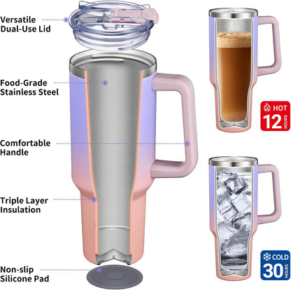 40 oz Stainless Steel Tumbler with Handle - Vacuum Insulated Travel Cup, Splash-Proof & Leakproof Lid, 2 Straws & Brush | Keeps Cold 34H/Hot 12H, Cupholder Friendly, Coastal Breeze
