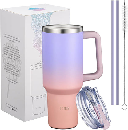 40 oz Stainless Steel Tumbler with Handle - Vacuum Insulated Travel Cup, Splash-Proof & Leakproof Lid, 2 Straws & Brush | Keeps Cold 34H/Hot 12H, Cupholder Friendly, Coastal Breeze