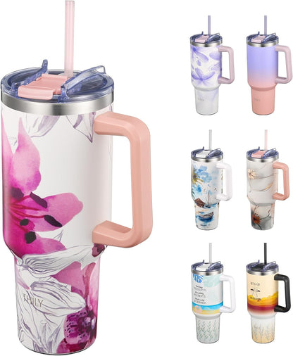 40 oz Stainless Steel Tumbler with Handle - Vacuum Insulated Travel Cup, Splash-Proof & Leakproof Lid, 2 Straws & Brush | Keeps Cold 34H/Hot 12H, Cupholder Friendly, Coastal Breeze