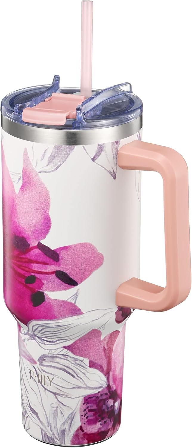 40 oz Stainless Steel Tumbler with Handle - Vacuum Insulated Travel Cup, Splash-Proof & Leakproof Lid, 2 Straws & Brush | Keeps Cold 34H/Hot 12H, Cupholder Friendly, Coastal Breeze