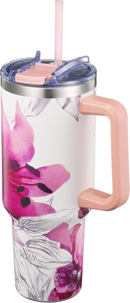 40 oz Stainless Steel Tumbler with Handle - Vacuum Insulated Travel Cup, Splash-Proof & Leakproof Lid, 2 Straws & Brush | Keeps Cold 34H/Hot 12H, Cupholder Friendly, Coastal Breeze