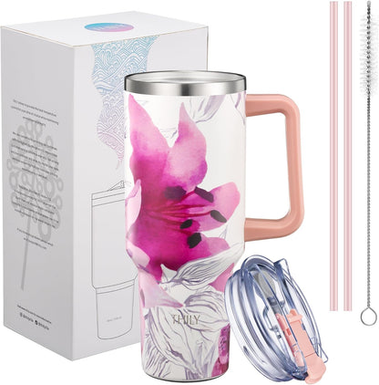 40 oz Stainless Steel Tumbler with Handle - Vacuum Insulated Travel Cup, Splash-Proof & Leakproof Lid, 2 Straws & Brush | Keeps Cold 34H/Hot 12H, Cupholder Friendly, Coastal Breeze