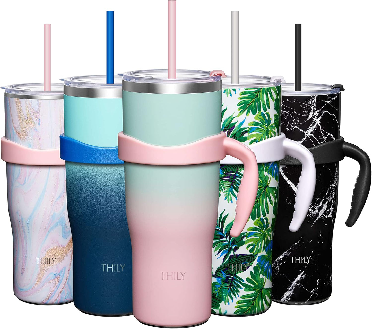 40 oz Stainless Steel Tumbler with Handle - Vacuum Insulated Travel Cup, Splash-Proof & Leakproof Lid, 2 Straws & Brush | Keeps Cold 34H/Hot 12H, Cupholder Friendly, Coastal Breeze