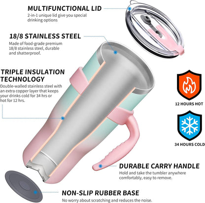 40 oz Stainless Steel Tumbler with Handle - Vacuum Insulated Travel Cup, Splash-Proof & Leakproof Lid, 2 Straws & Brush | Keeps Cold 34H/Hot 12H, Cupholder Friendly, Coastal Breeze
