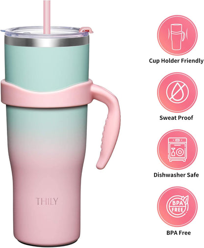 40 oz Stainless Steel Tumbler with Handle - Vacuum Insulated Travel Cup, Splash-Proof & Leakproof Lid, 2 Straws & Brush | Keeps Cold 34H/Hot 12H, Cupholder Friendly, Coastal Breeze