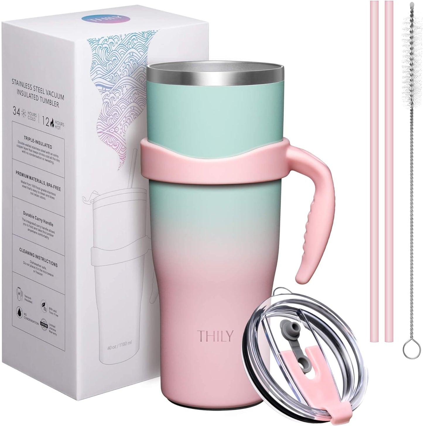 40 oz Stainless Steel Tumbler with Handle - Vacuum Insulated Travel Cup, Splash-Proof & Leakproof Lid, 2 Straws & Brush | Keeps Cold 34H/Hot 12H, Cupholder Friendly, Coastal Breeze