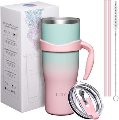 40 oz Stainless Steel Tumbler with Handle - Vacuum Insulated Travel Cup, Splash-Proof & Leakproof Lid, 2 Straws & Brush | Keeps Cold 34H/Hot 12H, Cupholder Friendly, Coastal Breeze