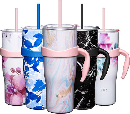 40 oz Stainless Steel Tumbler with Handle - Vacuum Insulated Travel Cup, Splash-Proof & Leakproof Lid, 2 Straws & Brush | Keeps Cold 34H/Hot 12H, Cupholder Friendly, Coastal Breeze