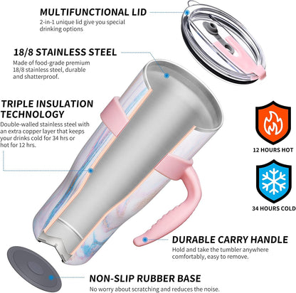 40 oz Stainless Steel Tumbler with Handle - Vacuum Insulated Travel Cup, Splash-Proof & Leakproof Lid, 2 Straws & Brush | Keeps Cold 34H/Hot 12H, Cupholder Friendly, Coastal Breeze
