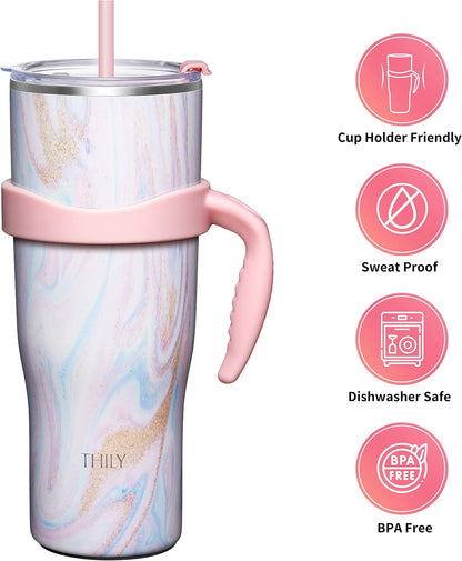 40 oz Stainless Steel Tumbler with Handle - Vacuum Insulated Travel Cup, Splash-Proof & Leakproof Lid, 2 Straws & Brush | Keeps Cold 34H/Hot 12H, Cupholder Friendly, Coastal Breeze