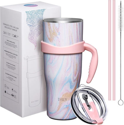 40 oz Stainless Steel Tumbler with Handle - Vacuum Insulated Travel Cup, Splash-Proof & Leakproof Lid, 2 Straws & Brush | Keeps Cold 34H/Hot 12H, Cupholder Friendly, Coastal Breeze