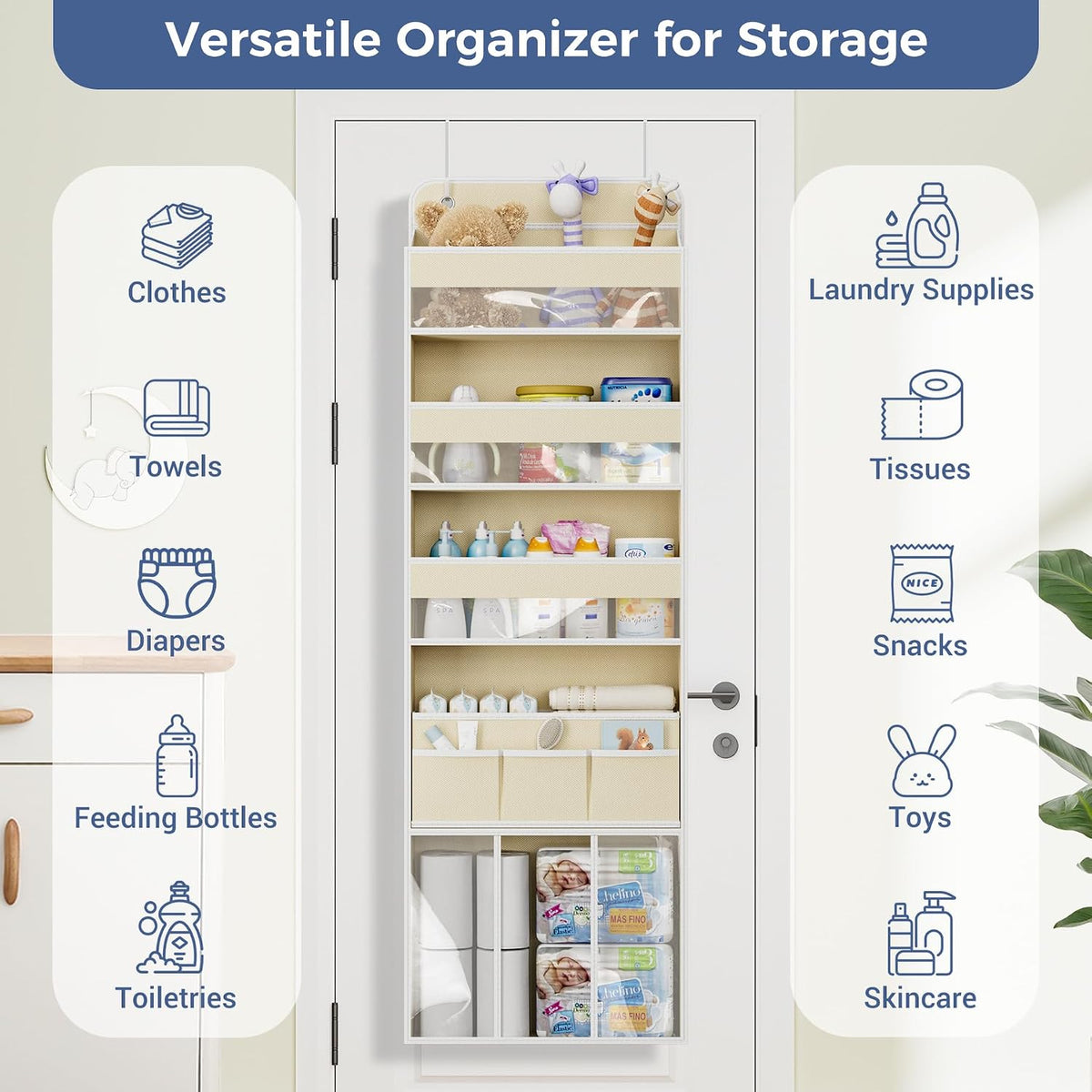 Over the Door Organizer, 5-Shelf Hanging Organizer, Grey