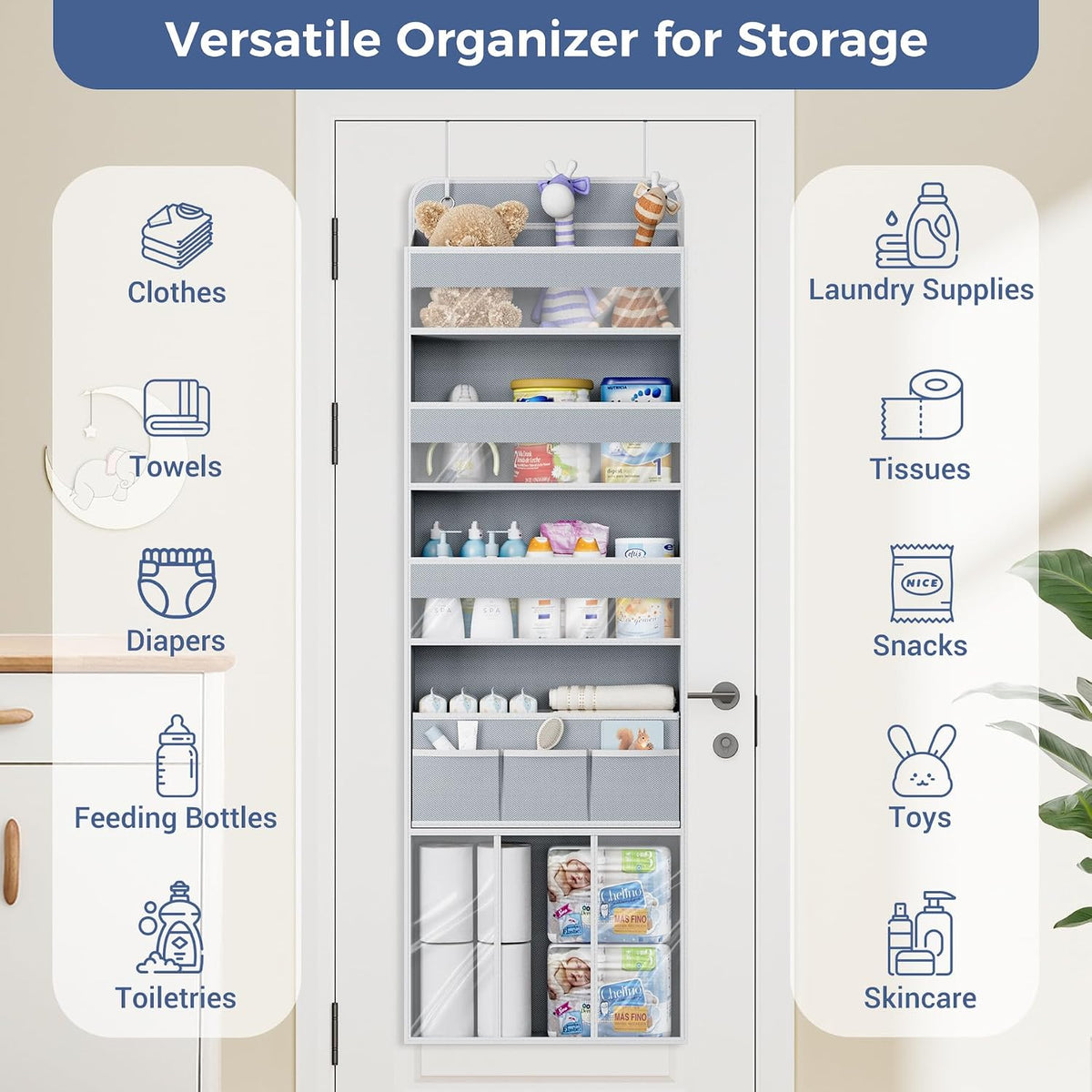 Over the Door Organizer, 5-Shelf Hanging Organizer, Grey