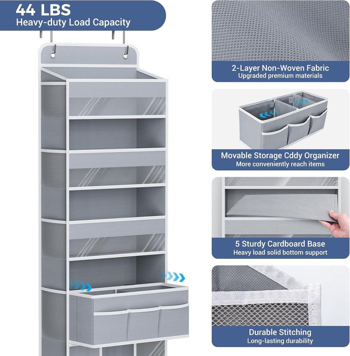 Over the Door Organizer, 5-Shelf Hanging Organizer, Grey