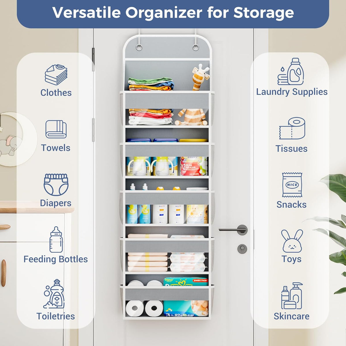 Over the Door Organizer, 5-Shelf Hanging Organizer, Grey