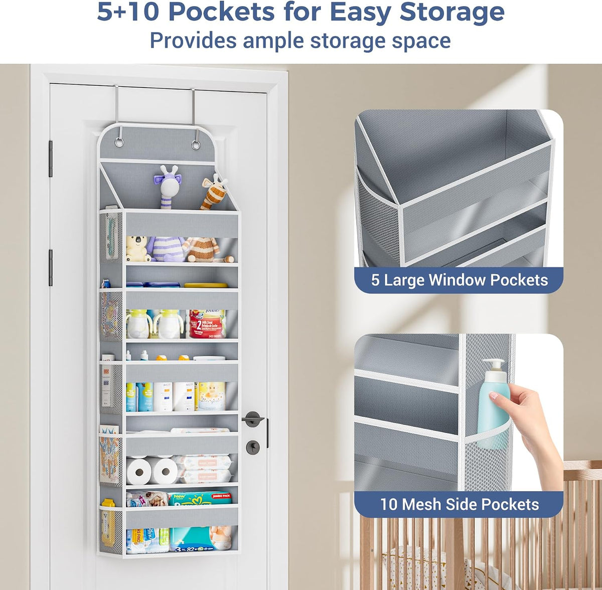 Over the Door Organizer, 5-Shelf Hanging Organizer, Grey