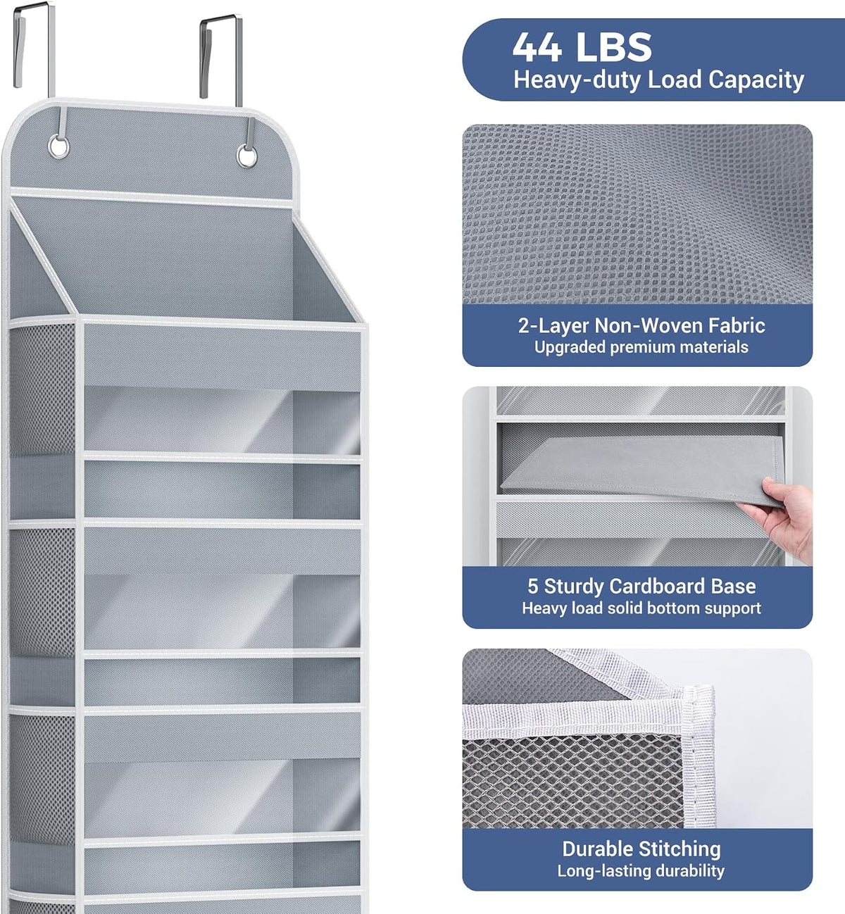 Over the Door Organizer, 5-Shelf Hanging Organizer, Grey