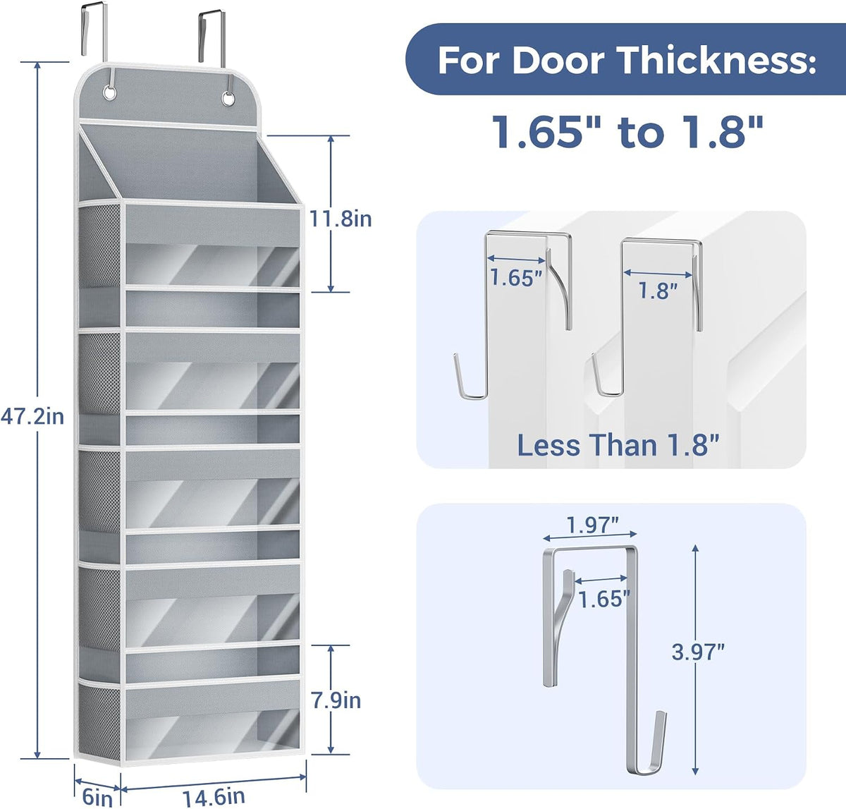 Over the Door Organizer, 5-Shelf Hanging Organizer, Grey