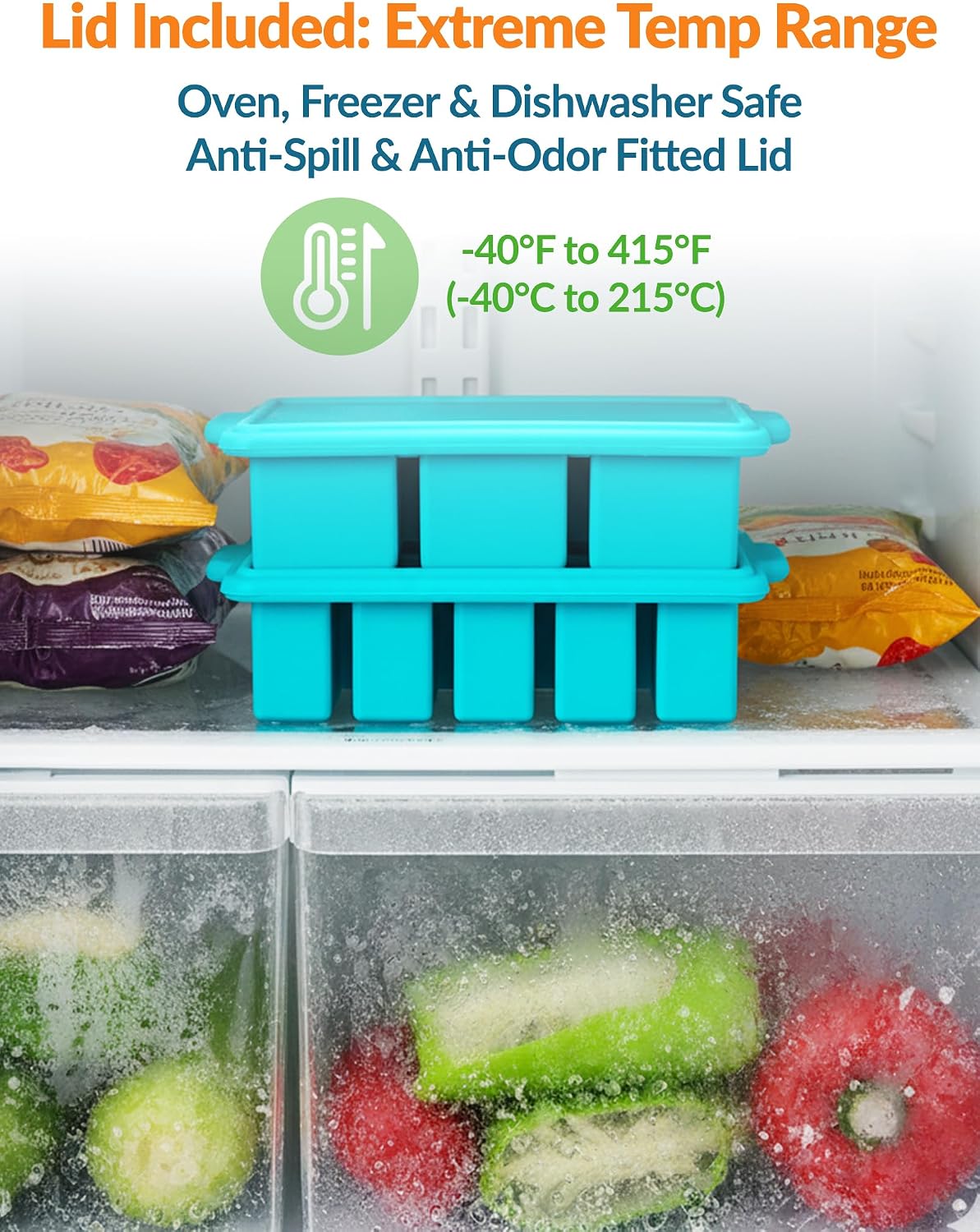 Silicone Freezer Tray with Lid, Steel Frame, Soup & Meal Prep