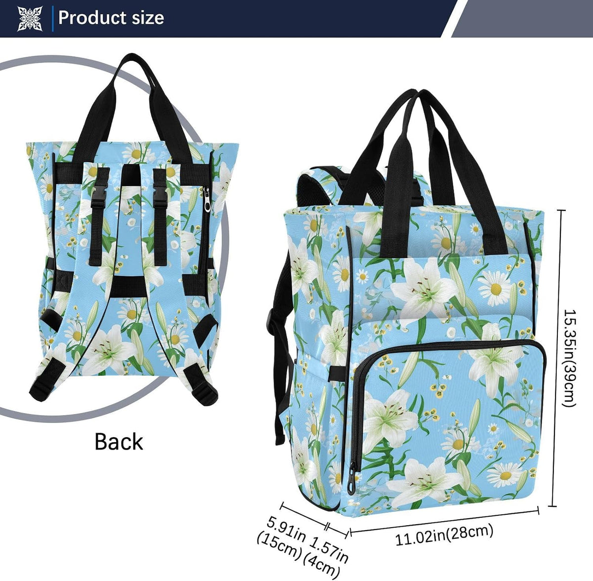 Diaper Bag Backpack, Multifunction Travel Bag for Moms Dads, Baby Changing Bag with Insulted Pockets, Stroller Straps and Side Bottle Pockets Lily Floral Pattern