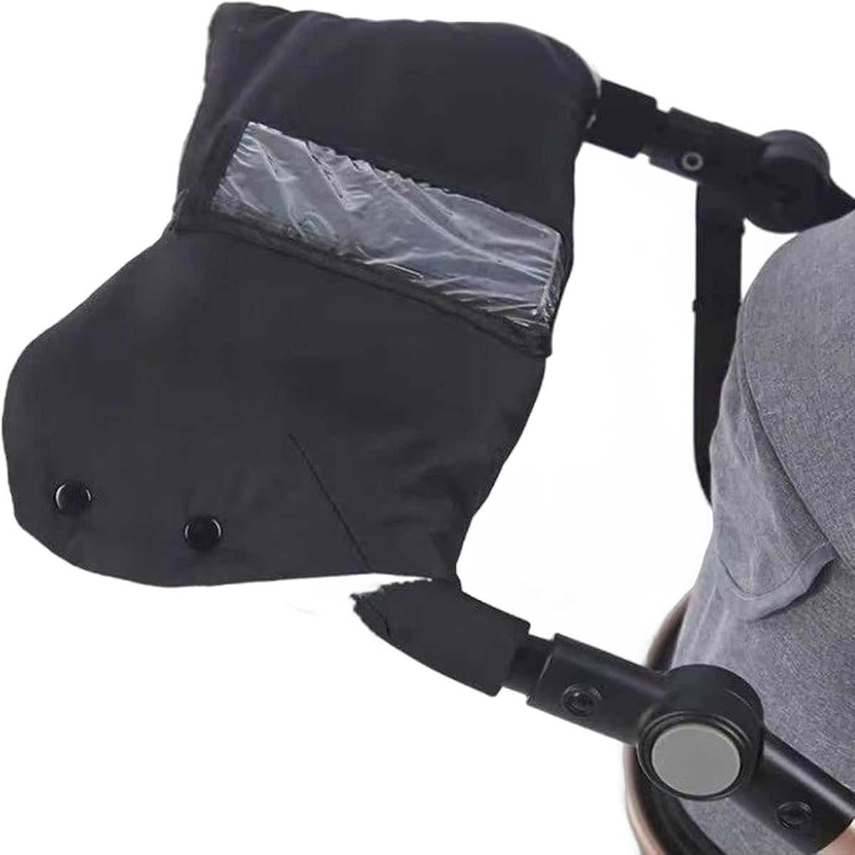 Stroller Gloves, Winter Waterproof Warm Hand Muffs - One-Piece Stroller Handle Covers (Black/Gray) with Clear View Phone Pocket for Outdoor Use (Black)
