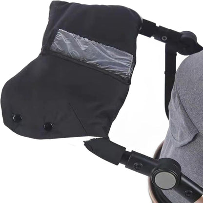 Stroller Gloves, Winter Waterproof Warm Hand Muffs - One-Piece Stroller Handle Covers (Black/Gray) with Clear View Phone Pocket for Outdoor Use (Black)