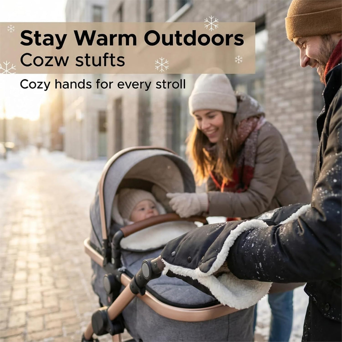 Stroller Gloves, Winter Waterproof Warm Hand Muffs - One-Piece Stroller Handle Covers (Black/Gray) with Clear View Phone Pocket for Outdoor Use (Black)