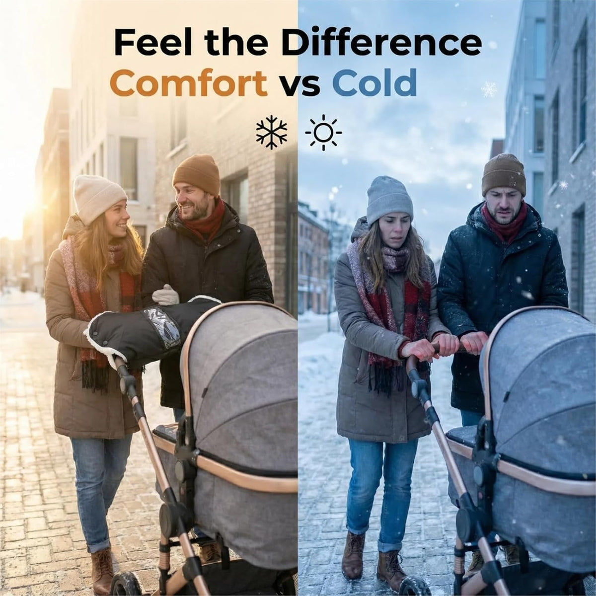 Stroller Gloves, Winter Waterproof Warm Hand Muffs - One-Piece Stroller Handle Covers (Black/Gray) with Clear View Phone Pocket for Outdoor Use (Black)