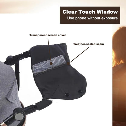 Stroller Gloves, Winter Waterproof Warm Hand Muffs - One-Piece Stroller Handle Covers (Black/Gray) with Clear View Phone Pocket for Outdoor Use (Black)