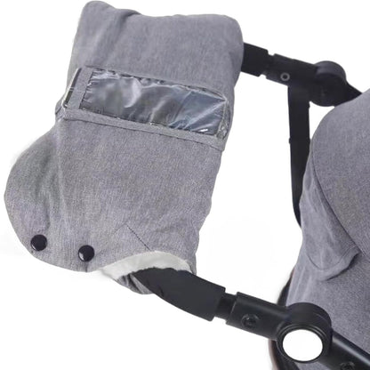 Stroller Gloves, Winter Waterproof Warm Hand Muffs - One-Piece Stroller Handle Covers (Black/Gray) with Clear View Phone Pocket for Outdoor Use (Black)