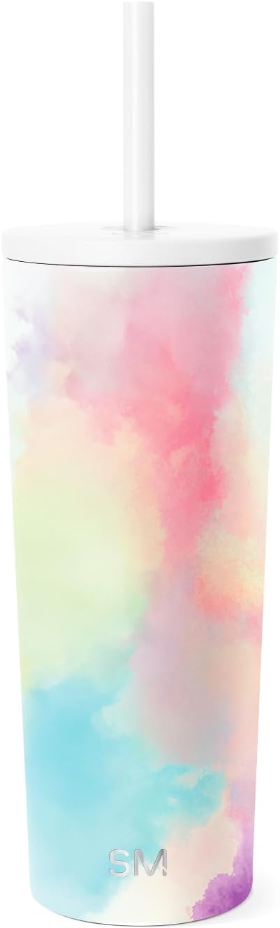 Iced Coffee Tumbler, Insulated | 24oz | Tie Dye | Reusable Stainless Steel Cup, Travel Mug, Water Bottle with Straw | Cupholder Friendly & Spill Resistant, Ocean Tide