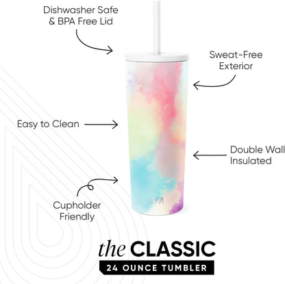 Iced Coffee Tumbler, Insulated | 24oz | Tie Dye | Reusable Stainless Steel Cup, Travel Mug, Water Bottle with Straw | Cupholder Friendly & Spill Resistant, Ocean Tide