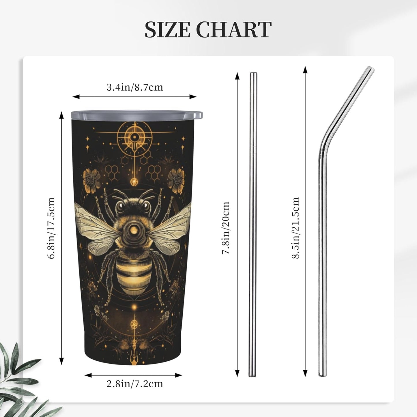 Bee Tumbler with Lid and Straw 20oz Travel Coffee Mug Gifts Stainless Steel Vacuum Insulated Cup Double Wall Water Bottle for Office Car Home