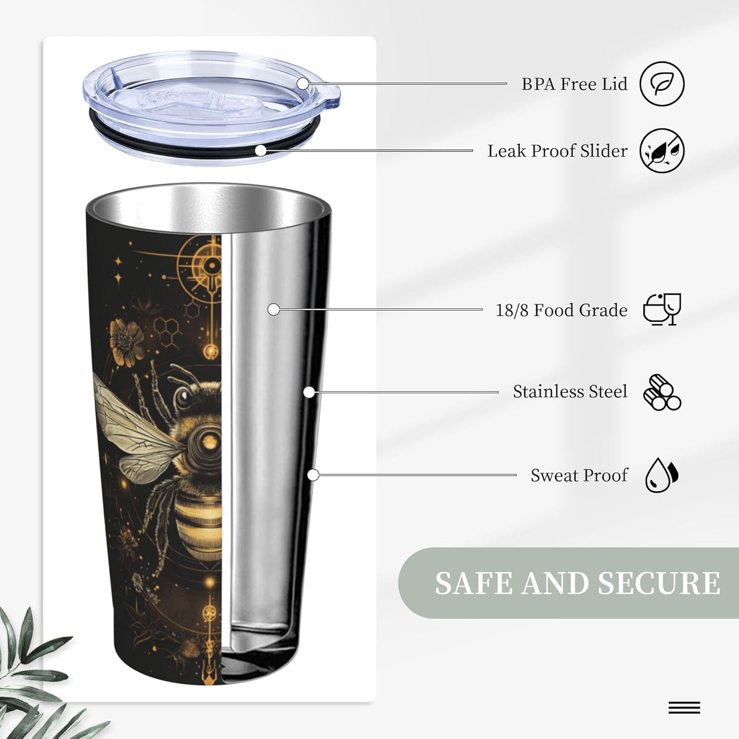 Bee Tumbler with Lid and Straw 20oz Travel Coffee Mug Gifts Stainless Steel Vacuum Insulated Cup Double Wall Water Bottle for Office Car Home