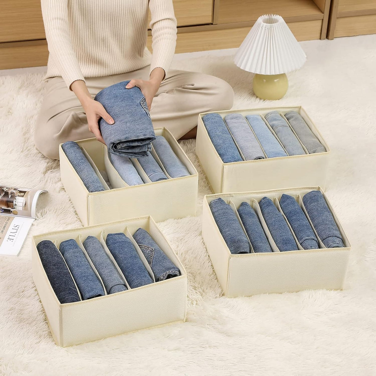 Jeans Drawer Organizers for Clothing, 5 Compartment Wardrobe Storage Box, Washable Clothes Organizer for Folded Clothes, Jeans, Pants, Leggings, t-shirts(Grey)