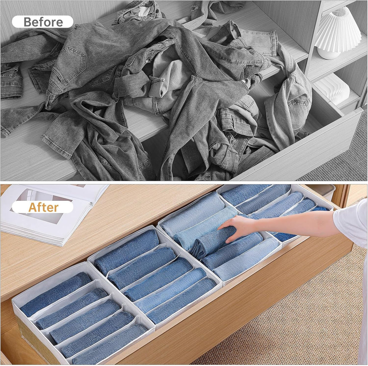 Jeans Drawer Organizers for Clothing, 5 Compartment Wardrobe Storage Box, Washable Clothes Organizer for Folded Clothes, Jeans, Pants, Leggings, t-shirts(Grey)