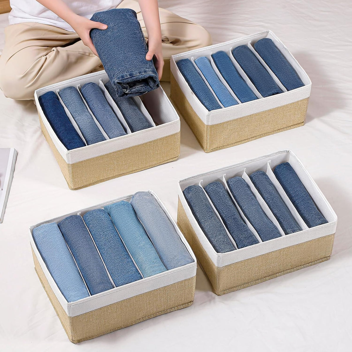 Jeans Drawer Organizers for Clothing, 5 Compartment Wardrobe Storage Box, Washable Clothes Organizer for Folded Clothes, Jeans, Pants, Leggings, t-shirts(Grey)
