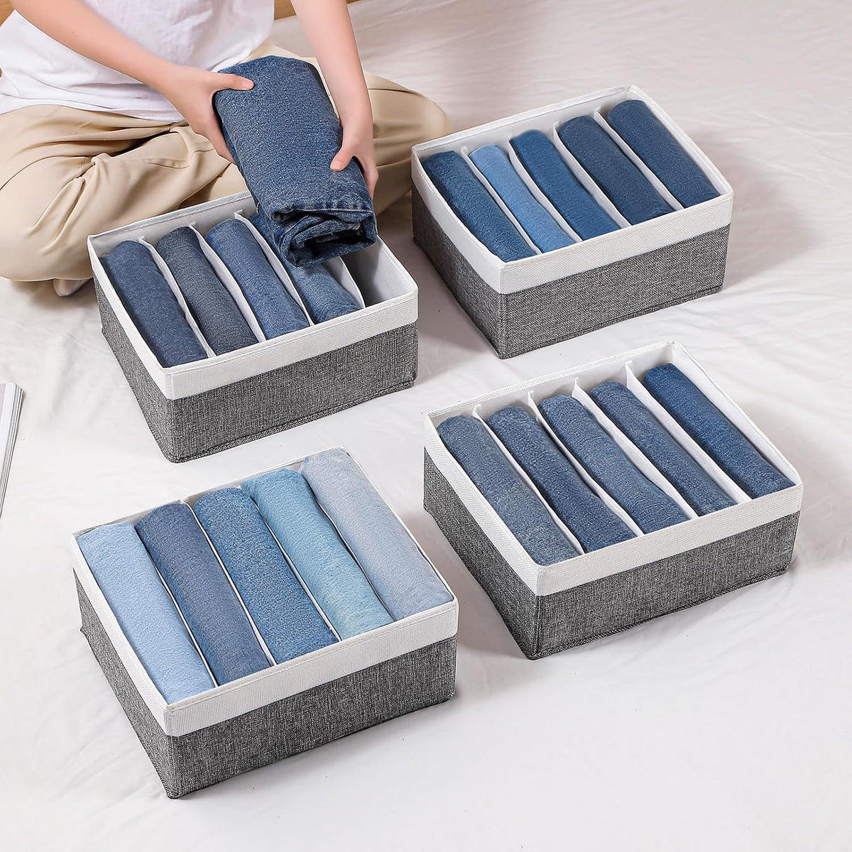 Jeans Drawer Organizers for Clothing, 5 Compartment Wardrobe Storage Box, Washable Clothes Organizer for Folded Clothes, Jeans, Pants, Leggings, t-shirts(Grey)