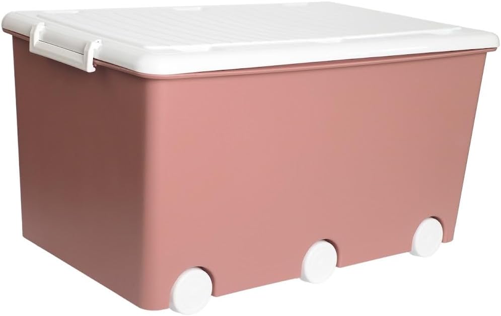Multifunctional Storage Box for Toys and Other Items, Sturdy Plastic Container with Wheels, Stackable Capacity 60 Litres, Snap Latch, 57 x 36 x 31 cm, Pink
