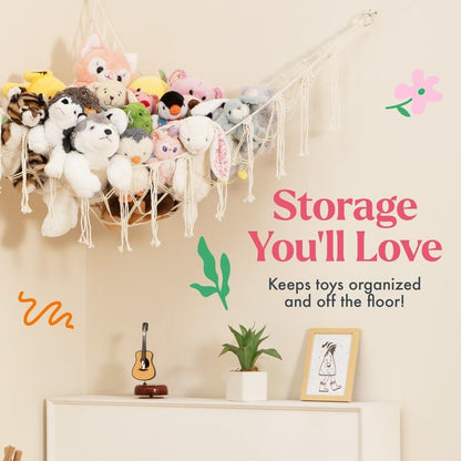 Stuffed Animal Hammock 2 Pack | Corner Stuffed Animal Storage & Plushie Net | Toy Hammock for Stuffed Animals | Holds 12lbs | Easy Hang, All Hardware Included | White Bedroom Decor