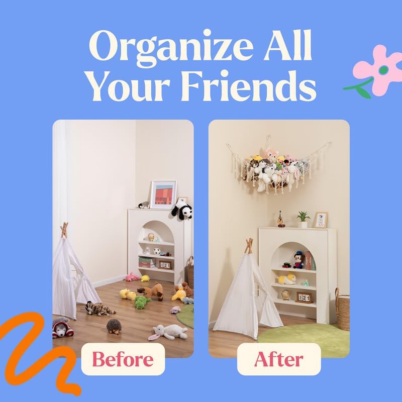 Stuffed Animal Hammock 2 Pack | Corner Stuffed Animal Storage & Plushie Net | Toy Hammock for Stuffed Animals | Holds 12lbs | Easy Hang, All Hardware Included | White Bedroom Decor