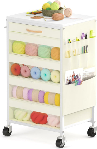 Yarn Storage Organizer Cart with Drawers, Yarn Holder Mobile Knitting Crochet Organizer, Rolling Craft Cart with Lockable Wheels and Side Pockets for Crochet Knitting Supplies, White