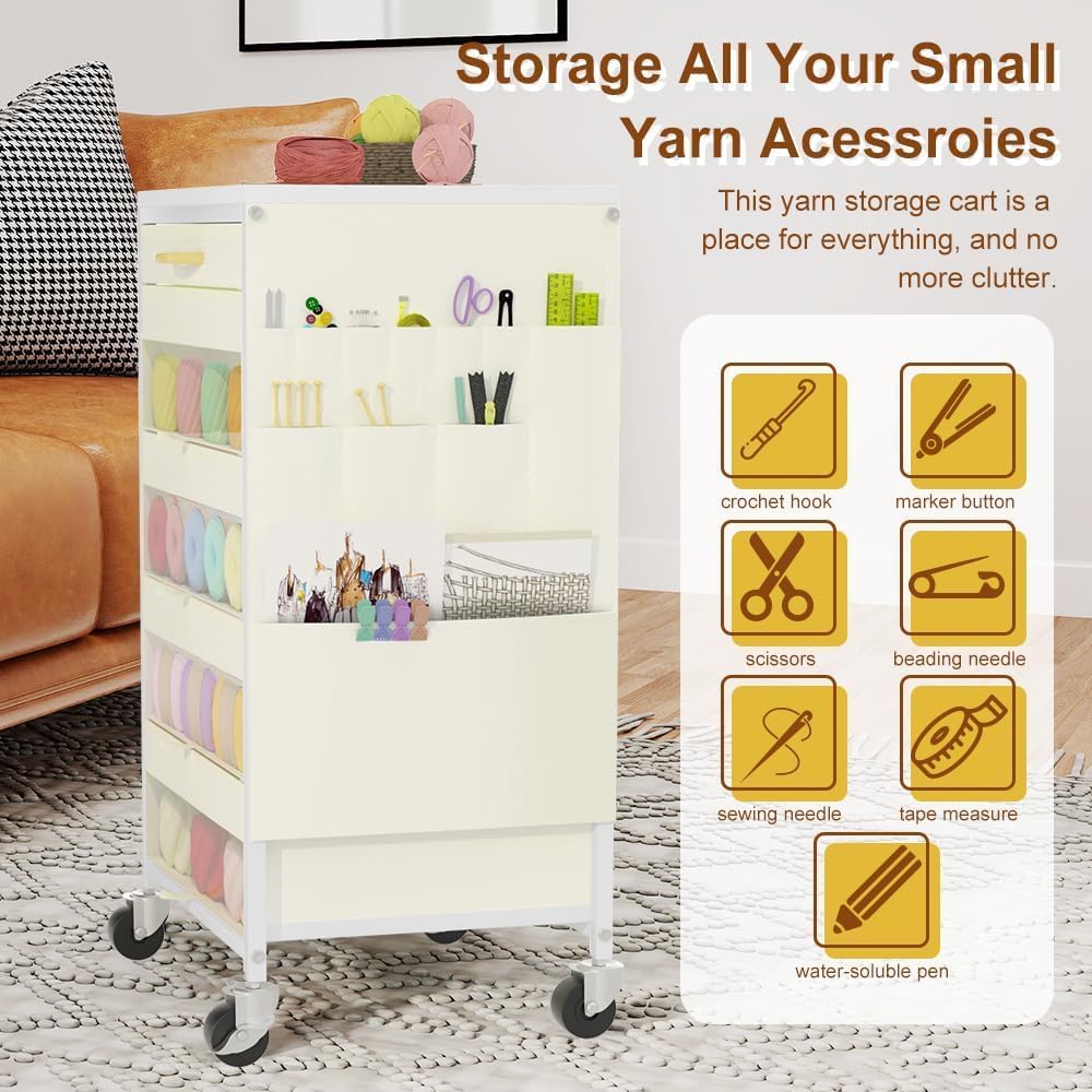 Yarn Storage Organizer Cart with Drawers, Yarn Holder Mobile Knitting Crochet Organizer, Rolling Craft Cart with Lockable Wheels and Side Pockets for Crochet Knitting Supplies, White