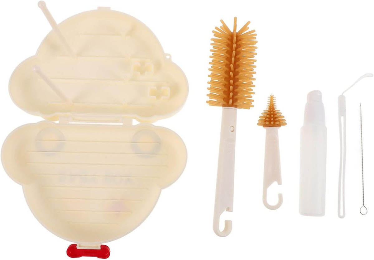 Silicone Bottle Brush Cleaner Set with Stand Portable Travel Kit for Bottle Cleaning and Straw Care with Drying Rack in Warm Yellow