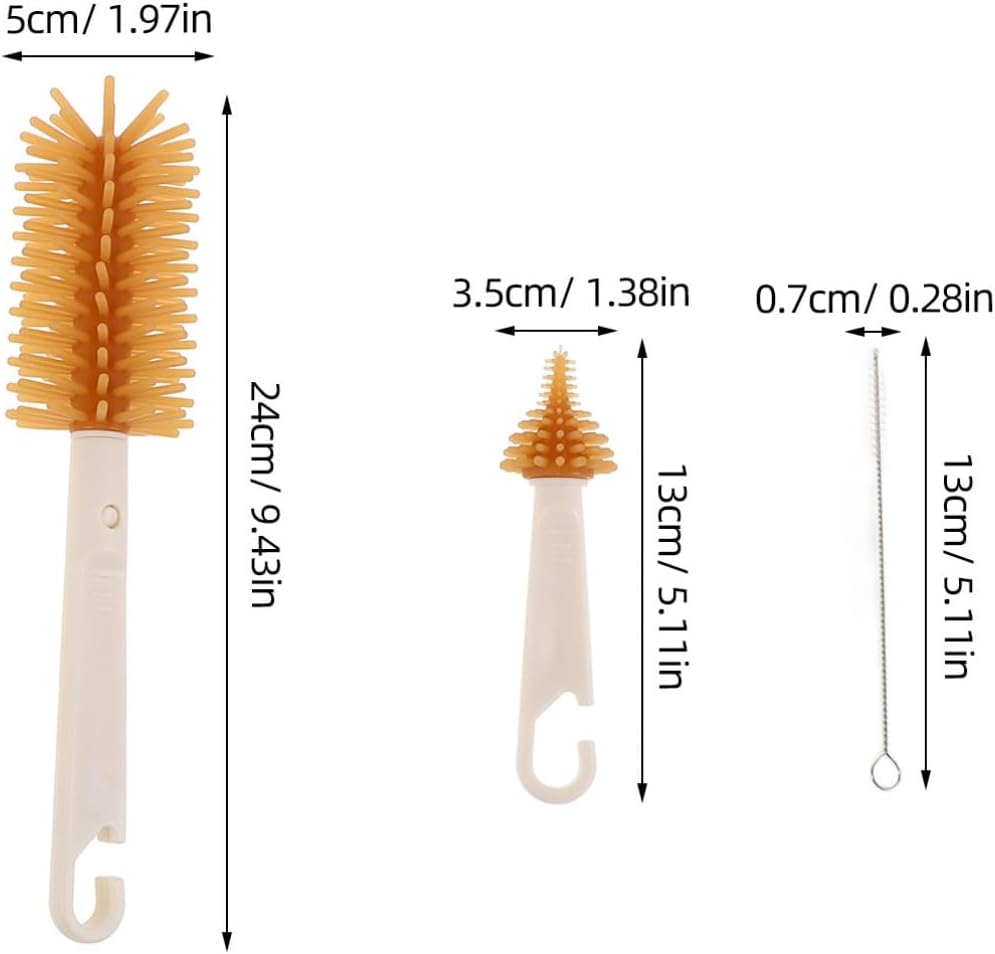 Silicone Bottle Brush Cleaner Set with Stand Portable Travel Kit for Bottle Cleaning and Straw Care with Drying Rack in Warm Yellow