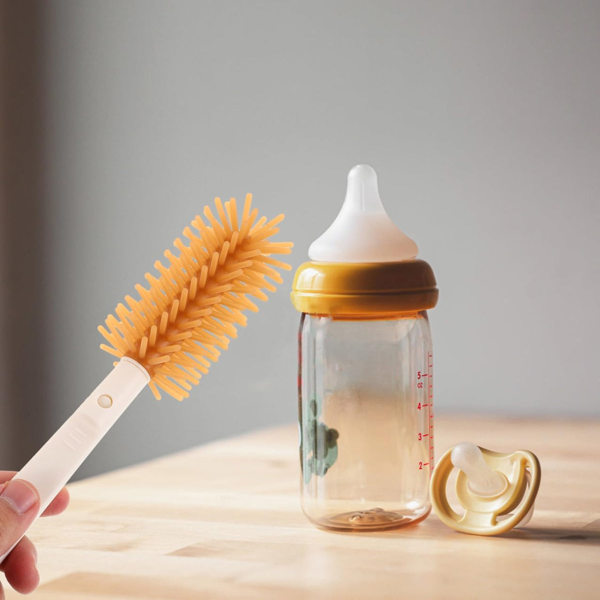 Silicone Bottle Brush Cleaner Set with Stand Portable Travel Kit for Bottle Cleaning and Straw Care with Drying Rack in Warm Yellow