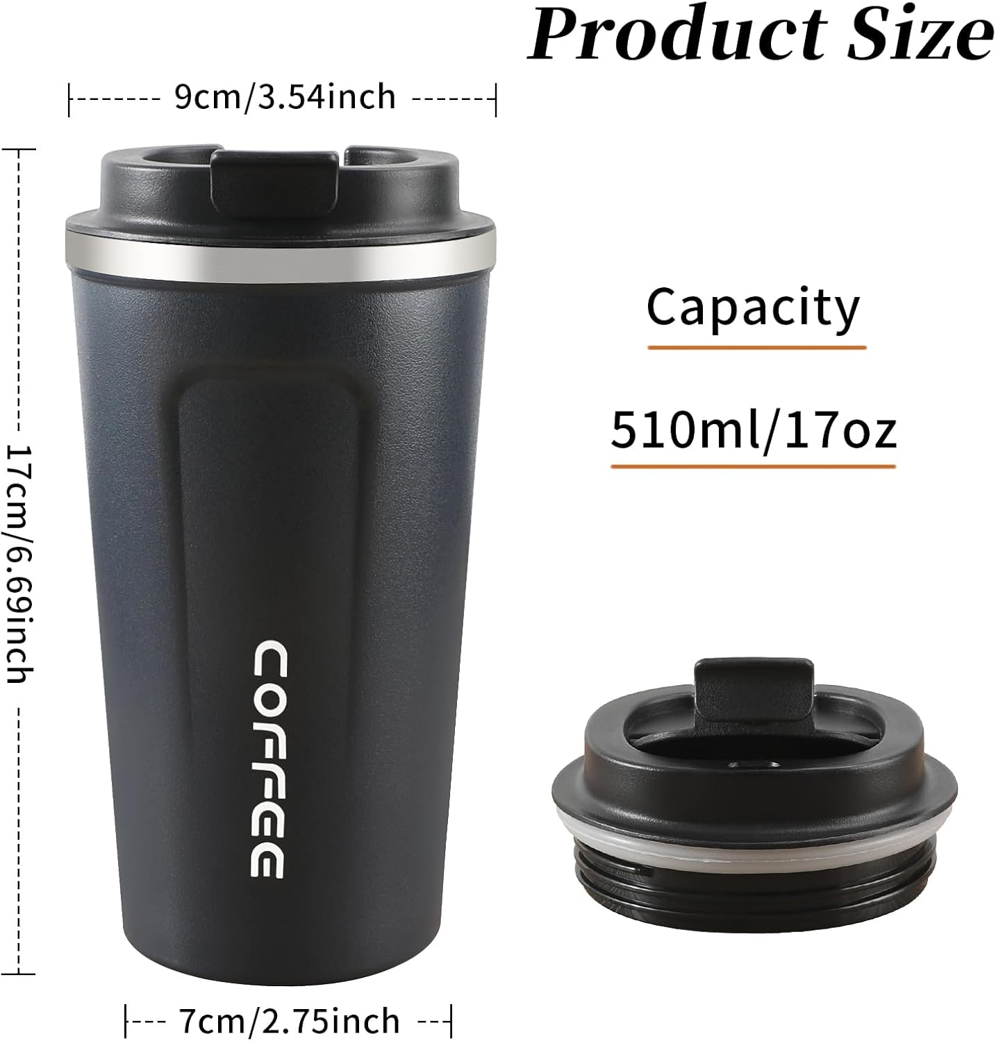 17oz Coffee Mug, Leak Proof Coffee Travel Mug with Lid, Car Coffee Mug, Stainless Steel Mug Keeps Cold and Hot, Suitable for Travel and Office - Black