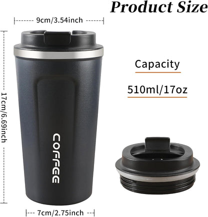 17oz Coffee Mug, Leak Proof Coffee Travel Mug with Lid, Car Coffee Mug, Stainless Steel Mug Keeps Cold and Hot, Suitable for Travel and Office - Black