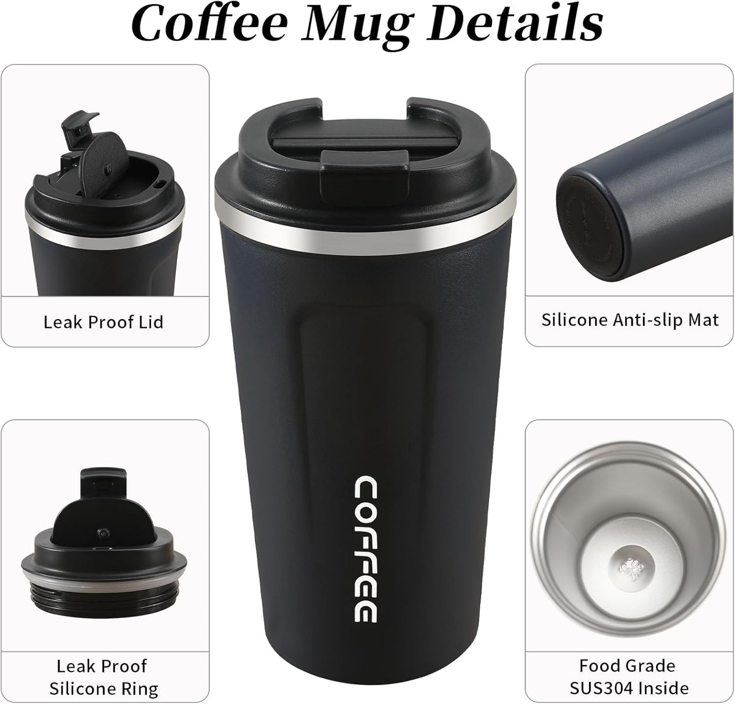 17oz Coffee Mug, Leak Proof Coffee Travel Mug with Lid, Car Coffee Mug, Stainless Steel Mug Keeps Cold and Hot, Suitable for Travel and Office - Black